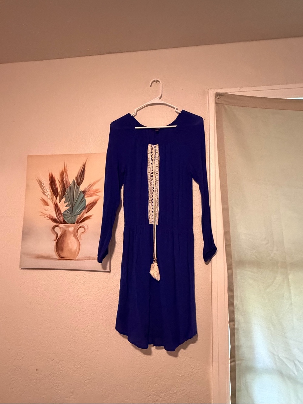 Espresso Royal Blue Long-Sleeve Boho Dress with Lace Tie